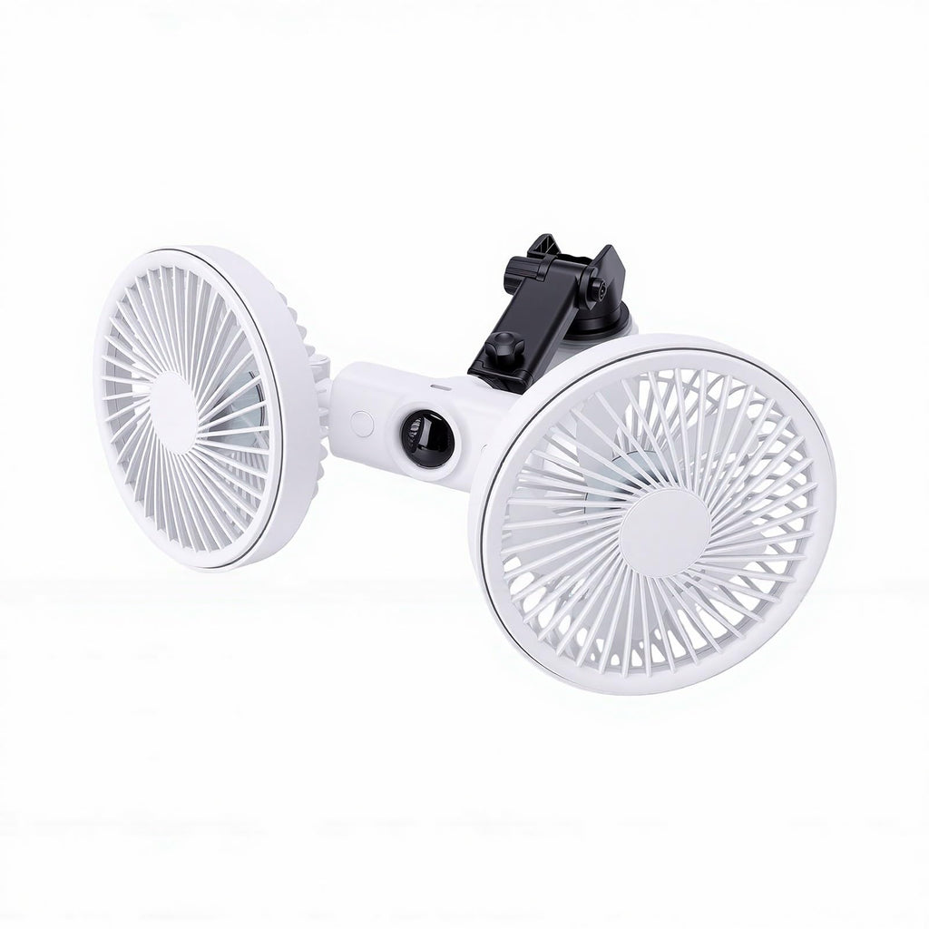 Dual Head Car Fan 3 Speeds 360 Degree Adjustable Suction Cup Rechargeable White J22467