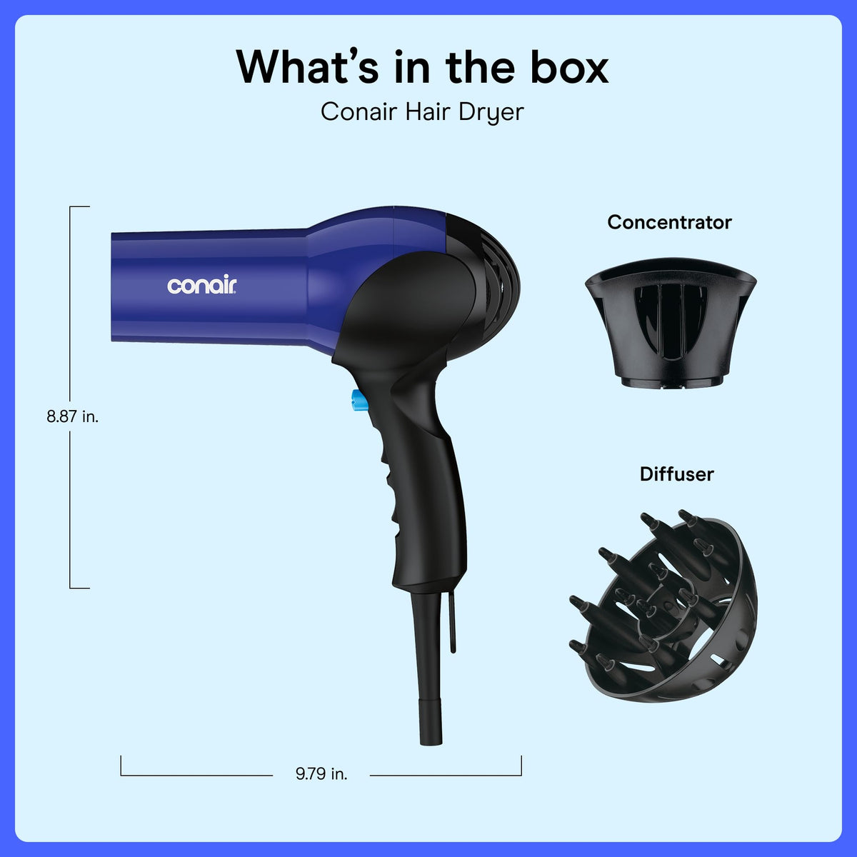 Lightweight 1875W Hair Dryer with Diffuser & Concentrator Attachments M870561