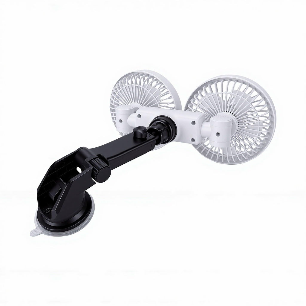 Dual Head Car Fan 3 Speeds 360 Degree Adjustable Suction Cup Rechargeable White J22467