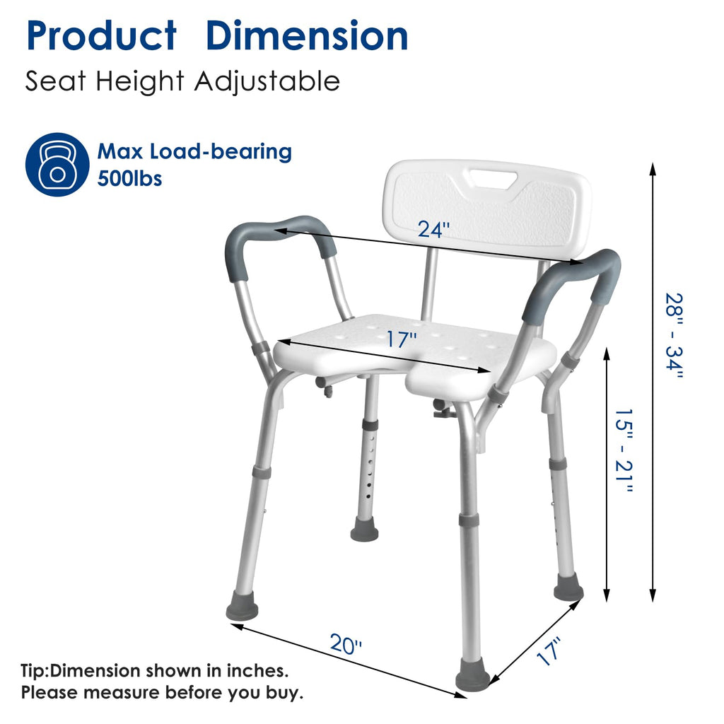 Extra Wide Padded Armrests Shower Chair, 500lbs Capacity, Aluminum N160598
