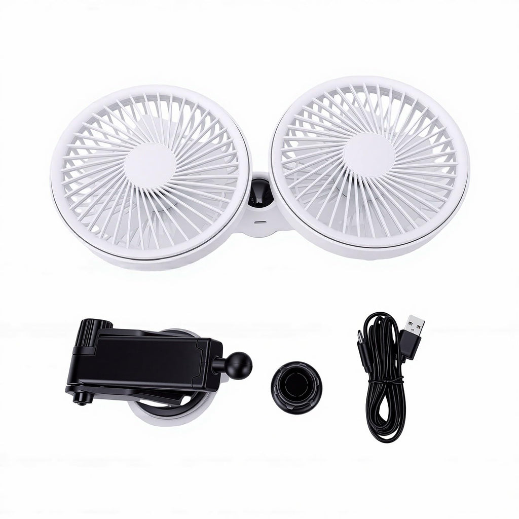Dual Head Car Fan 3 Speeds 360 Degree Adjustable Suction Cup Rechargeable White J22467