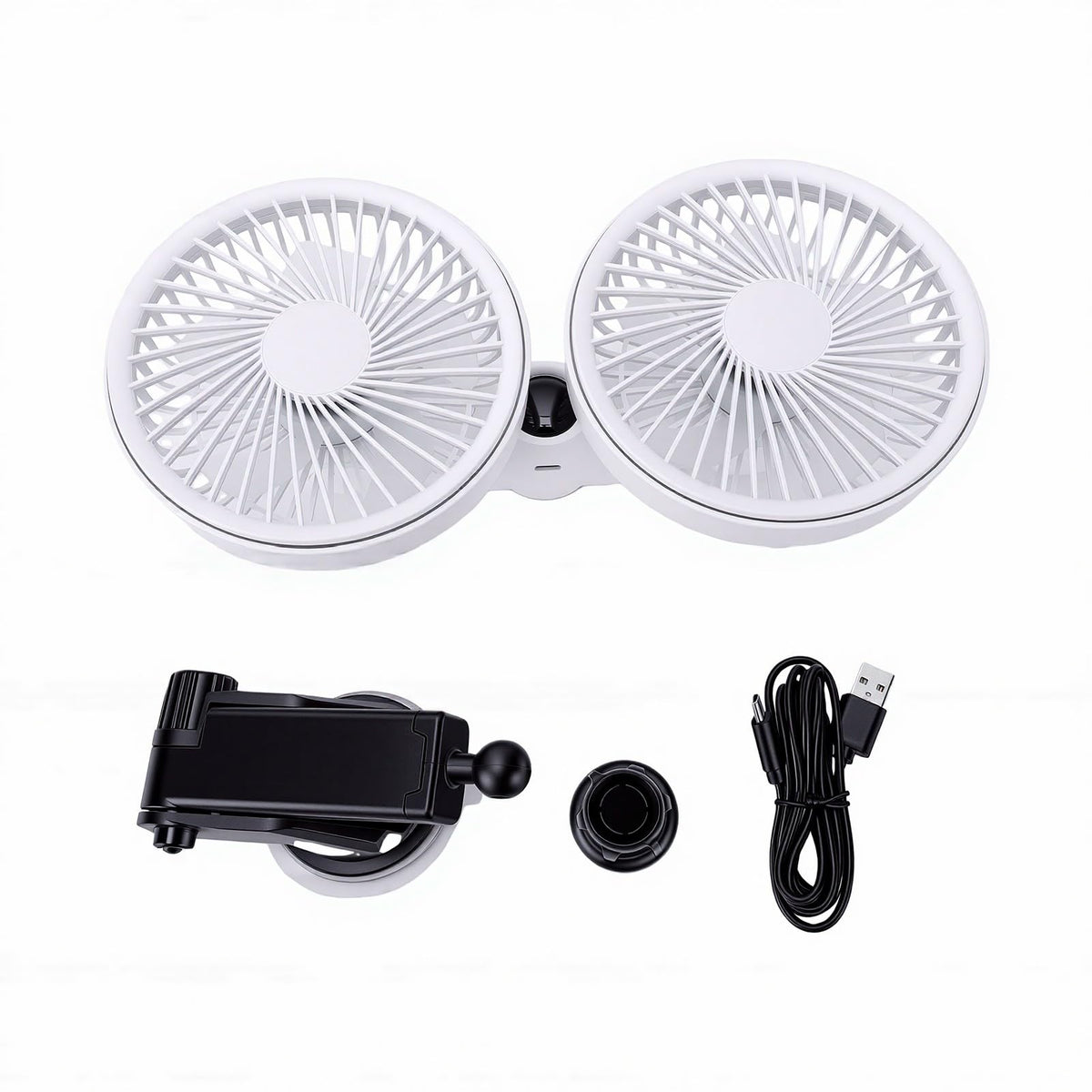 Dual Head Car Fan 3 Speeds 360 Degree Adjustable Suction Cup Rechargeable White J22467