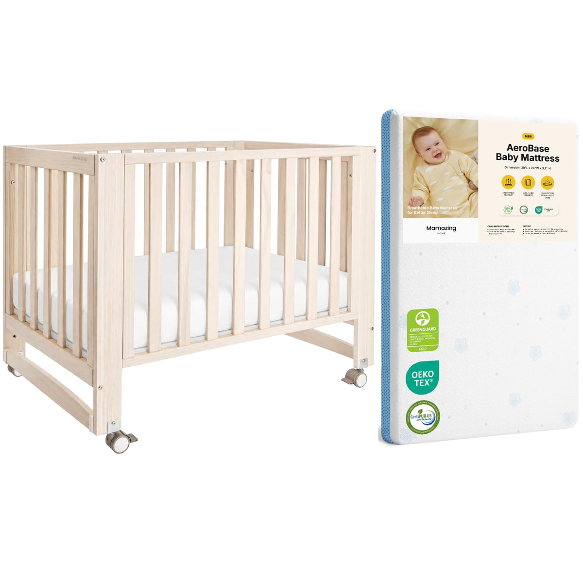 Mini Crib with Mattress and Wheels D17137
