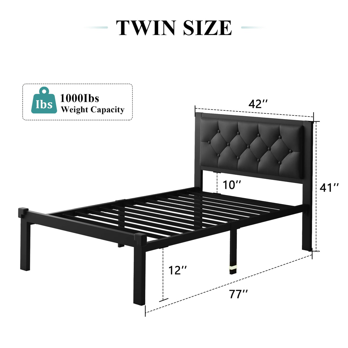 Twin Size Black Metal Platform Bed Frame with Faux Leather Button Tufted Headboard V63308
