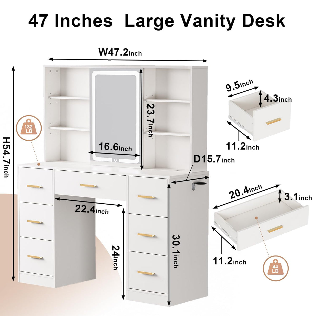 47'' White Vanity Desk with Mirror and Lights, 7 Drawers, 8 Storage Shelves W523