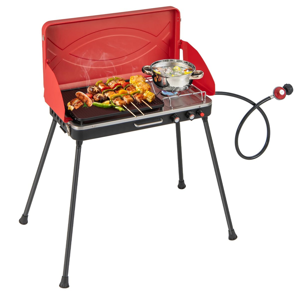 Portable Gas Grill 20000 BTU Camping Stove Burner with 2 Cooking Area Red E12715