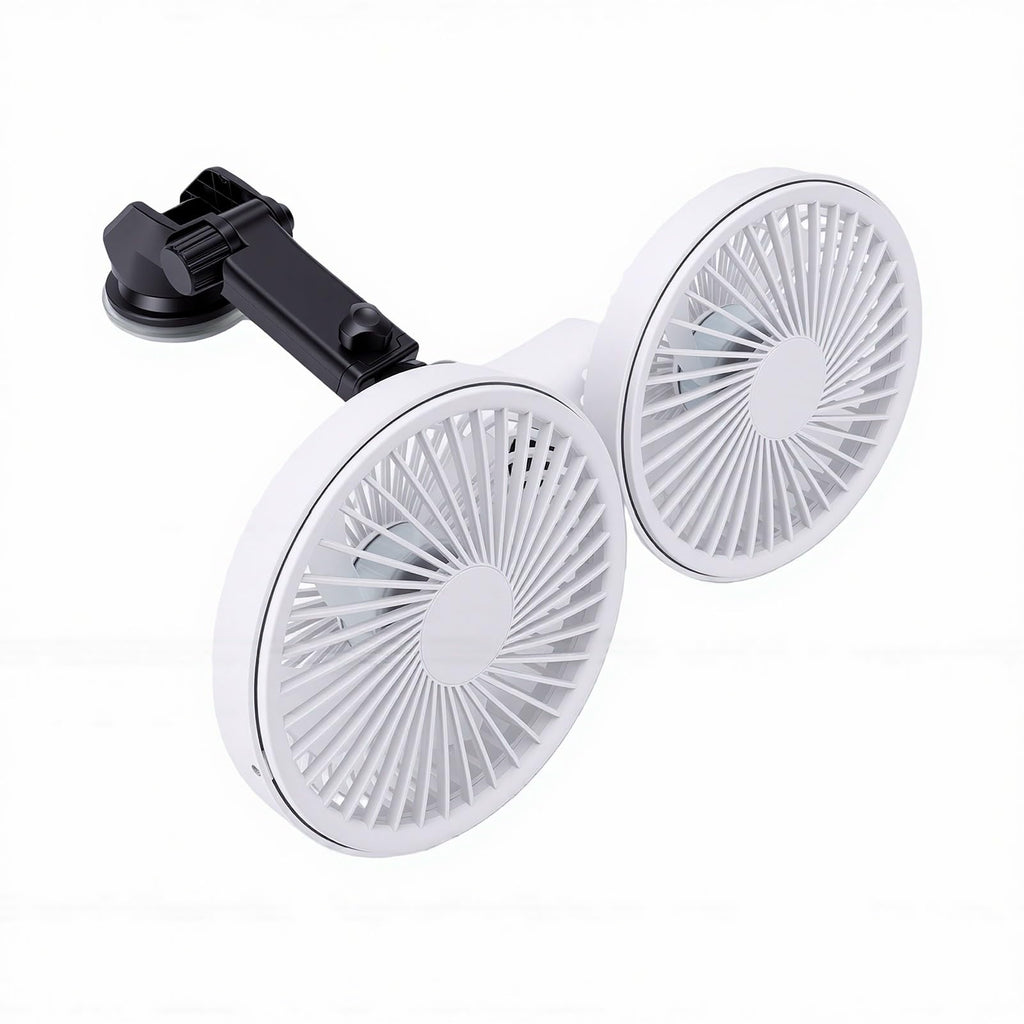 Dual Head Car Fan 3 Speeds 360 Degree Adjustable Suction Cup Rechargeable White J22467