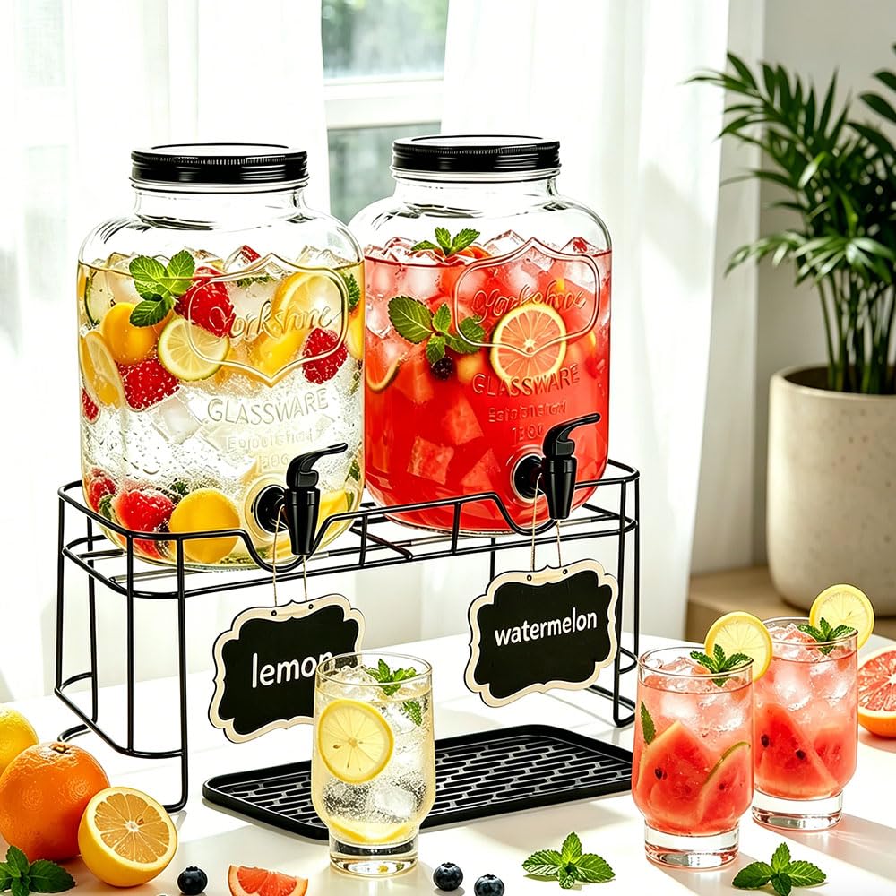 2 Pack 1.5 Gallon Glass Beverage Dispenser with Stand O479479