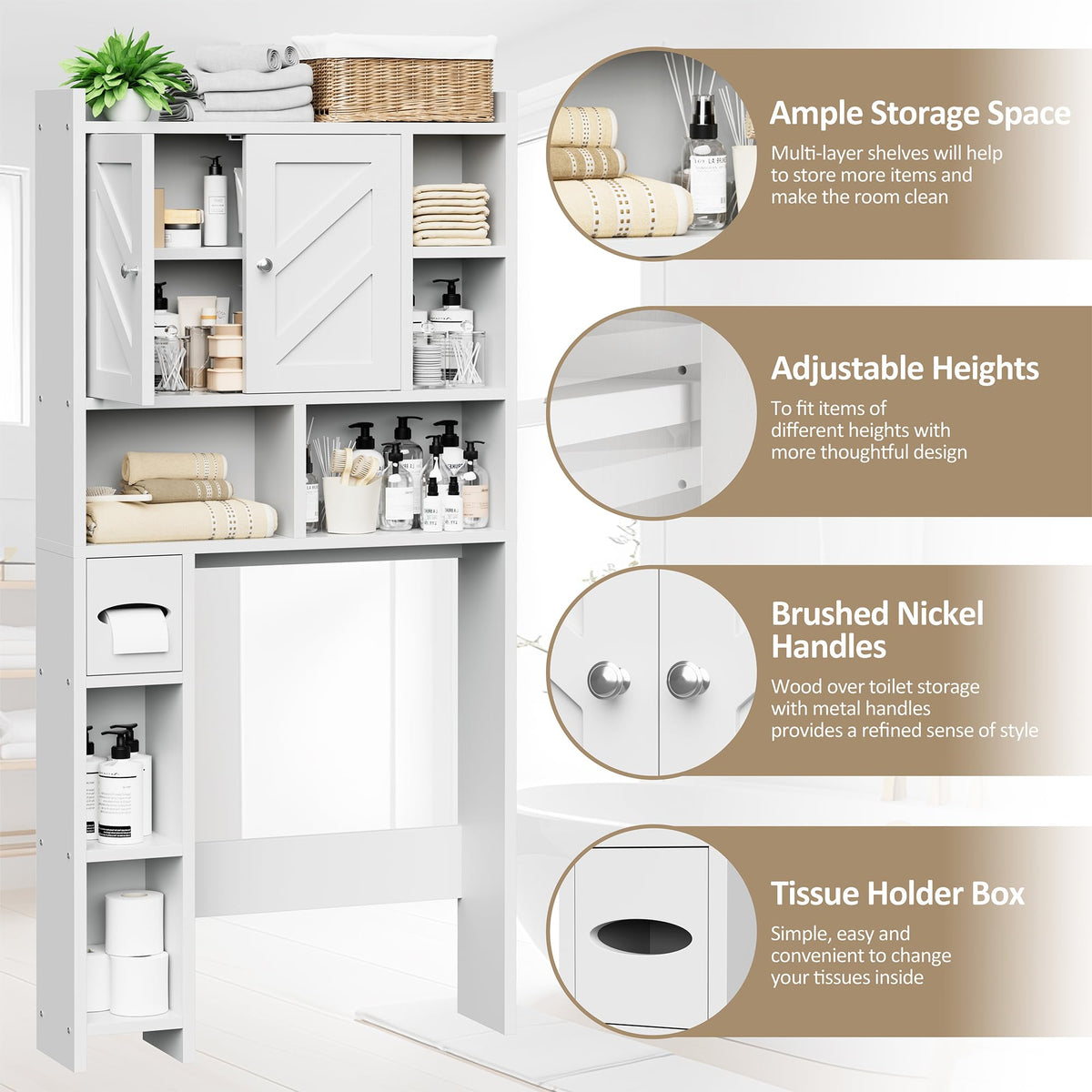 White Over the Toilet Storage Cabinet with Adjustable Shelf U76138