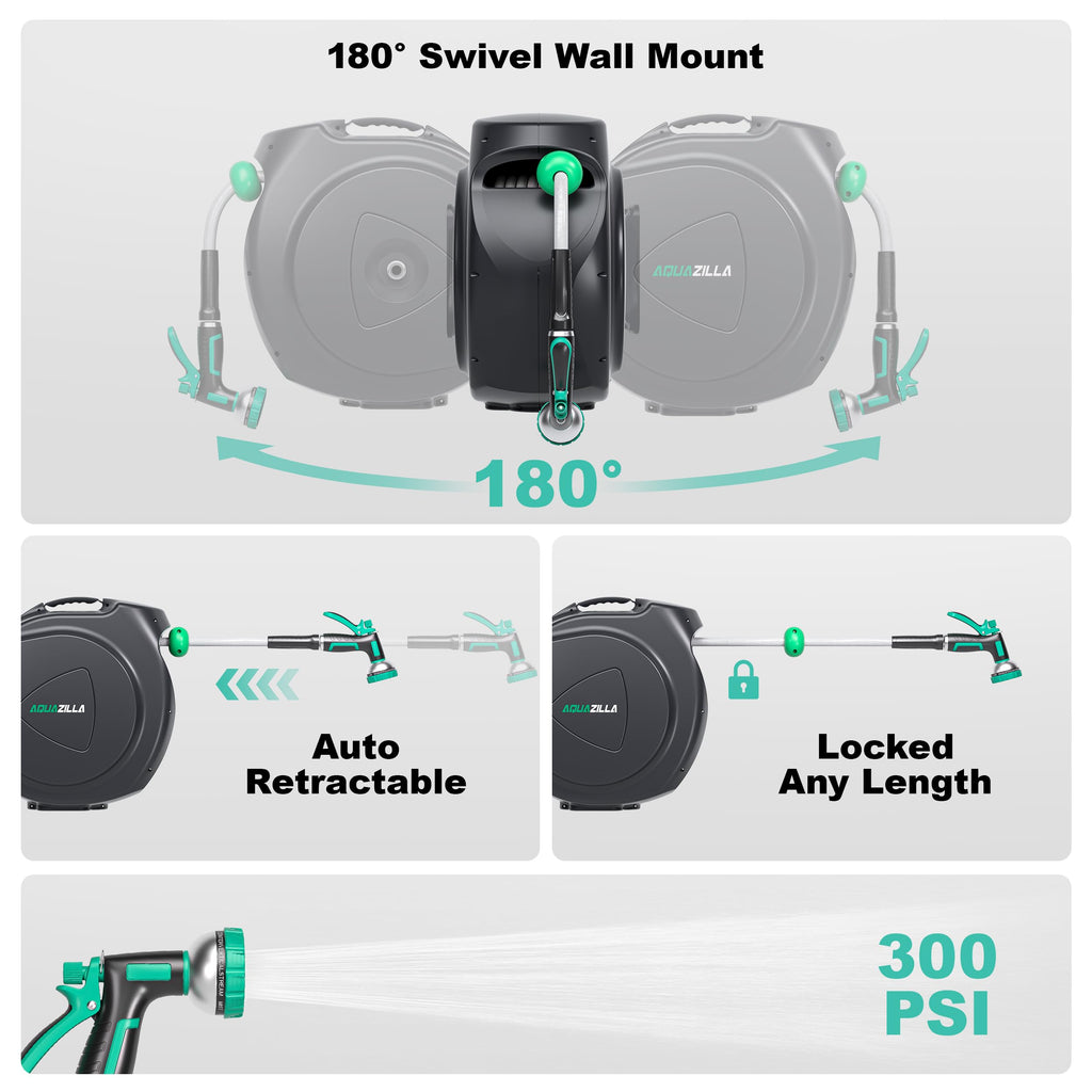 Retractable Garden Hose Reel, 65FT +6FT 5/8" Wall Mounted U3397
