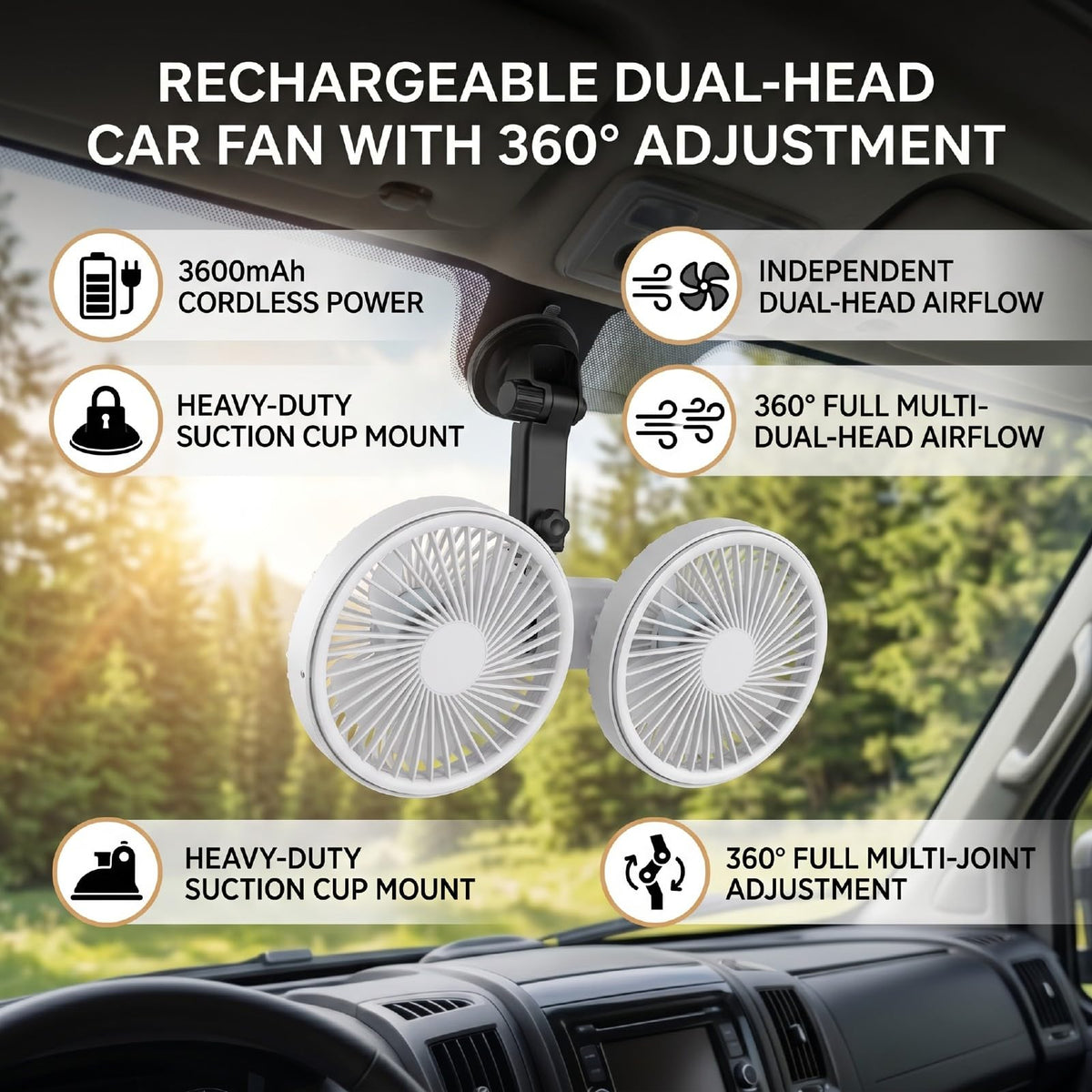 Dual Head Car Fan 3 Speeds 360 Degree Adjustable Suction Cup Rechargeable White J22467