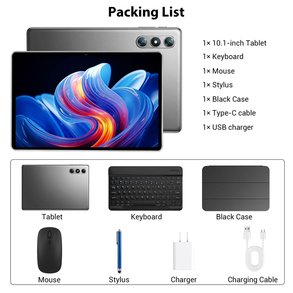 10.1" Android 16 Tablet with Keyboard, 30GB RAM 64GB ROM, Gray O6864