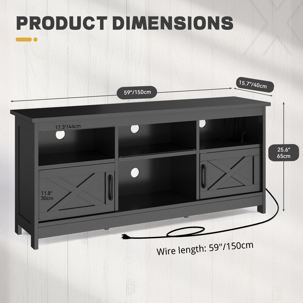 Black TV Stand with Power Outlet and LED Light I89603