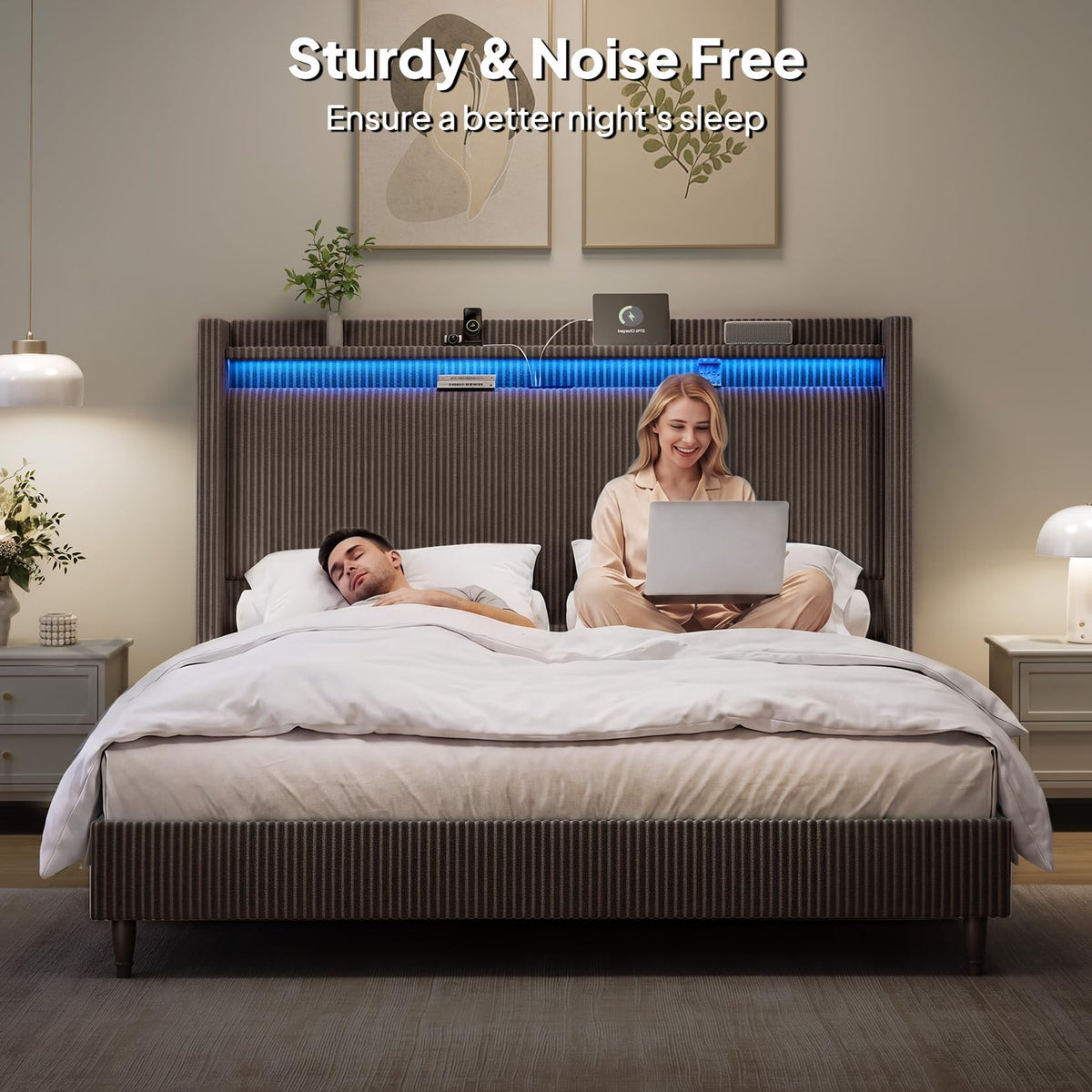 Queen Size Corduroy Upholstered Bed Frame Y4299