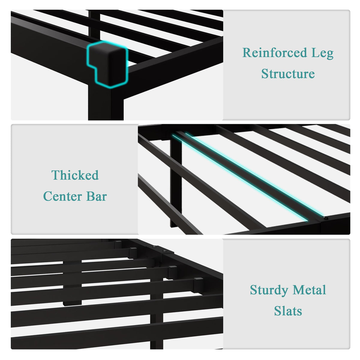 Twin Size Black Metal Platform Bed Frame with Faux Leather Button Tufted Headboard V63308