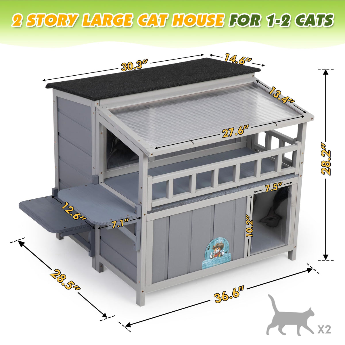 2-Tier Weatherproof Wooden Outdoor Cat House O88818