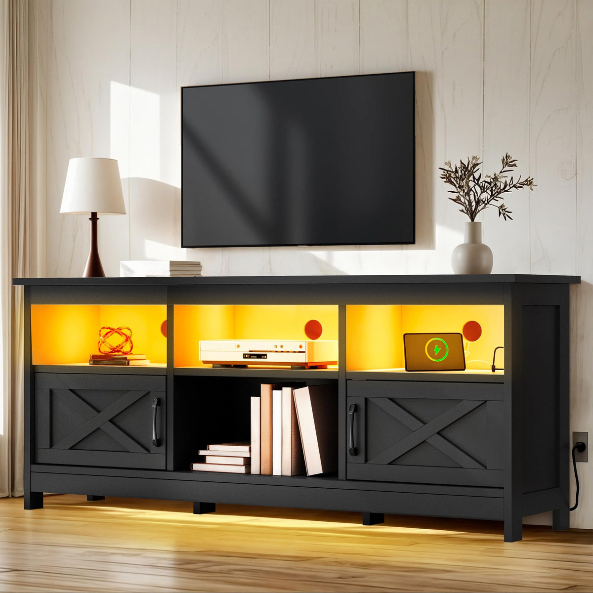 Black TV Stand with Power Outlet and LED Light I89603