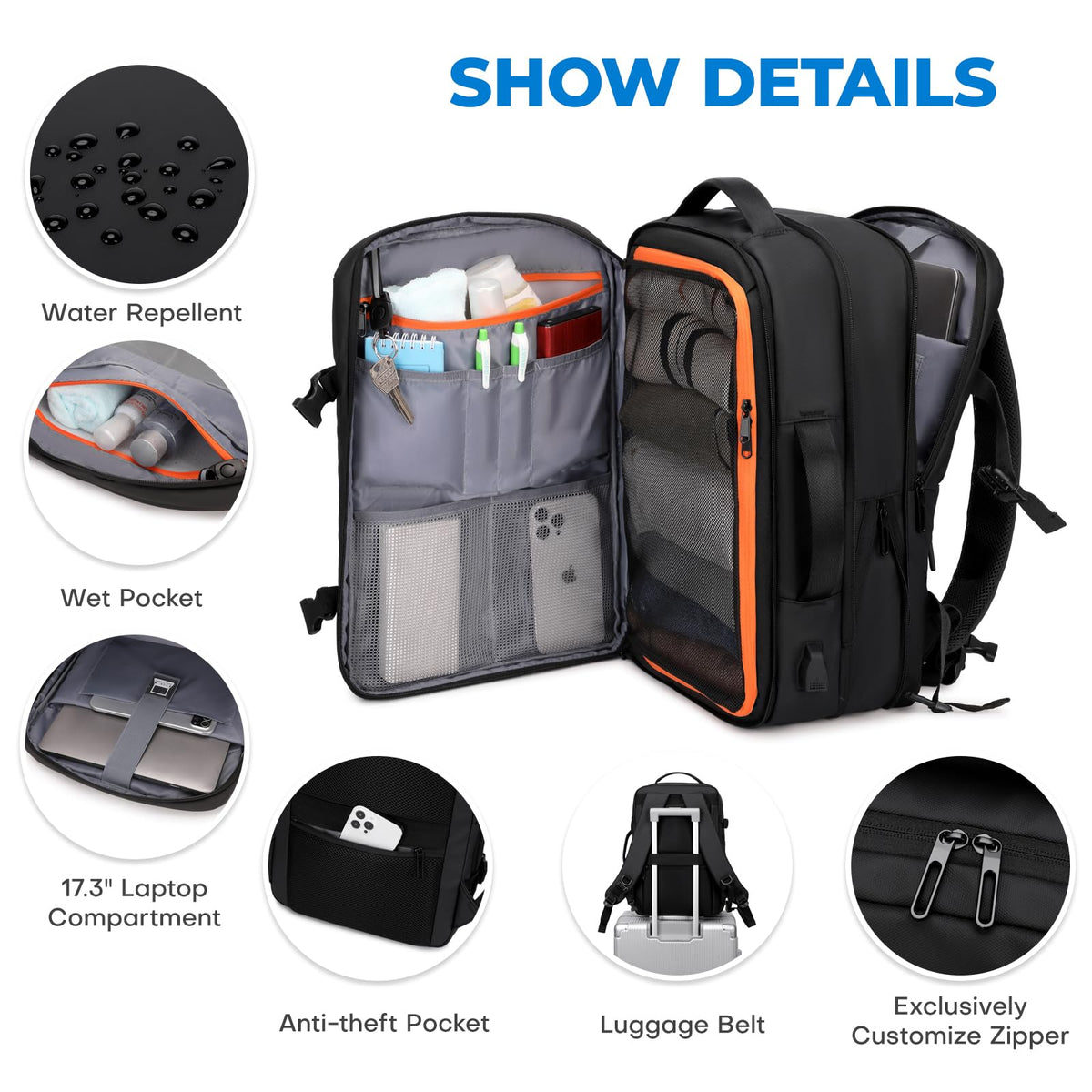 Carry On Travel Backpack Black T92036