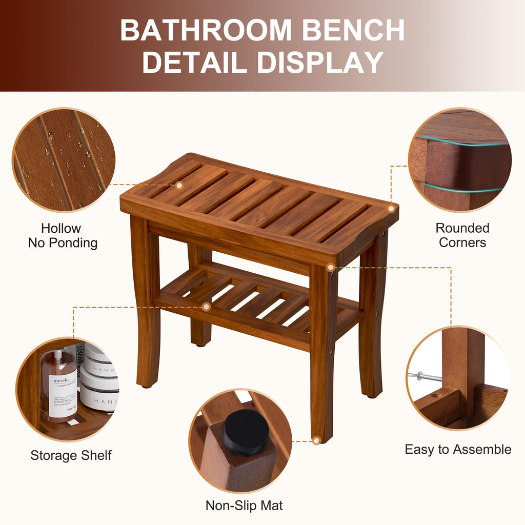 Teak Shower Bench Stool with Storage Shelf O127229