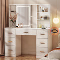 47'' White Vanity Desk with Mirror and Lights, 7 Drawers, 8 Storage Shelves W523