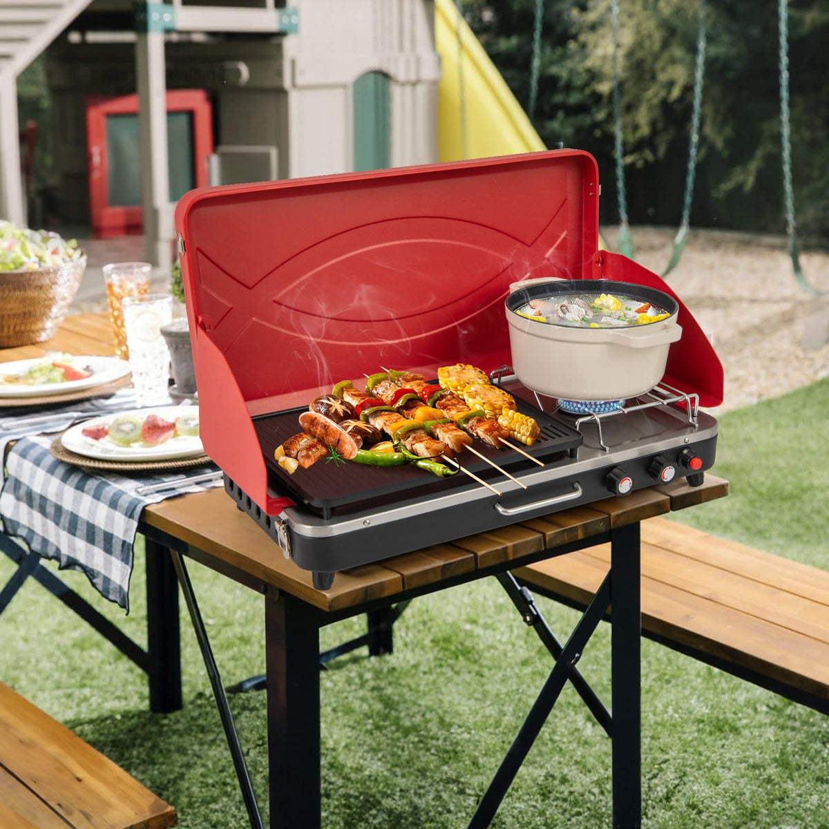 Portable Gas Grill 20000 BTU Camping Stove Burner with 2 Cooking Area Red E12715