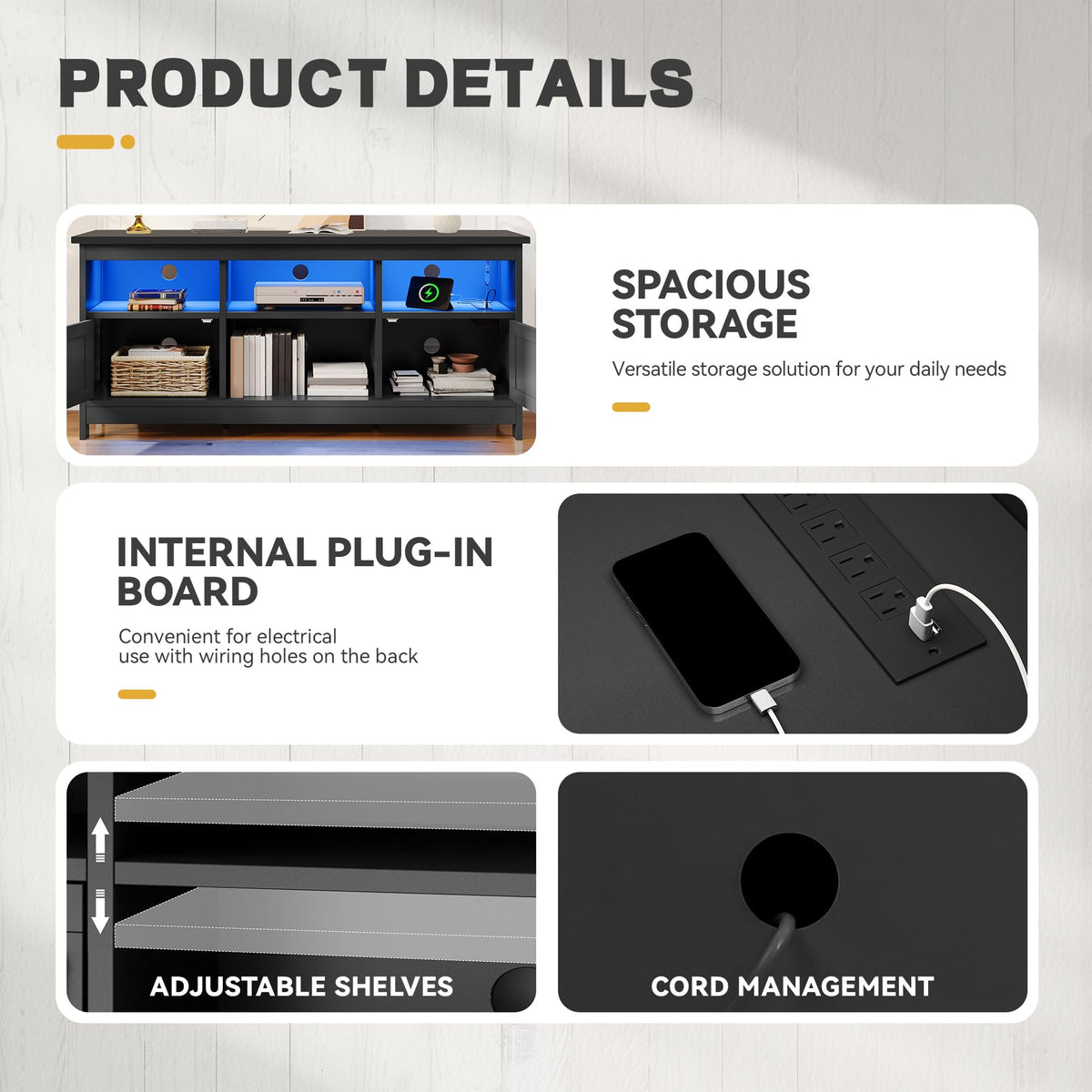 Black TV Stand with Power Outlet and LED Light I89603