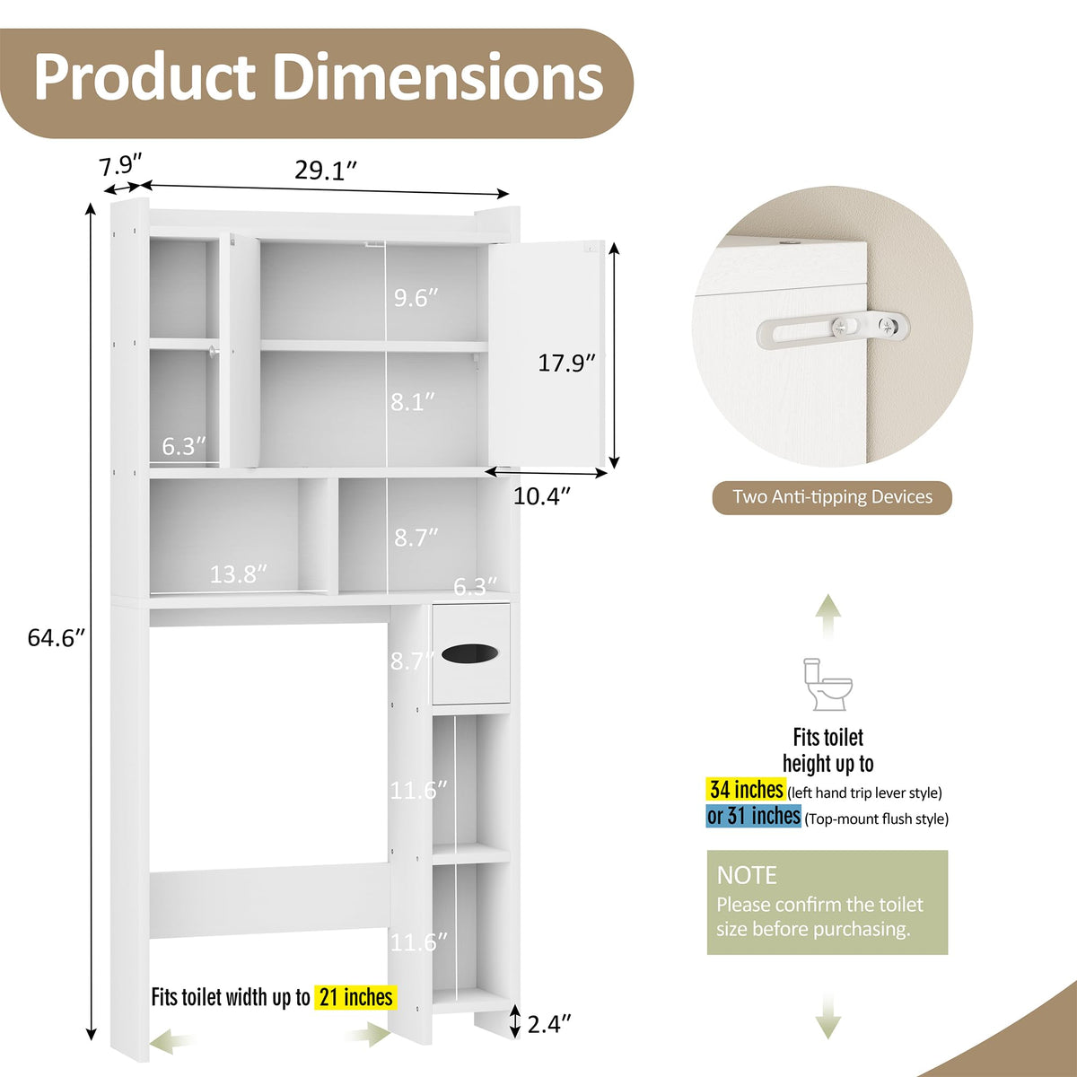 White Over the Toilet Storage Cabinet with Adjustable Shelf U76138