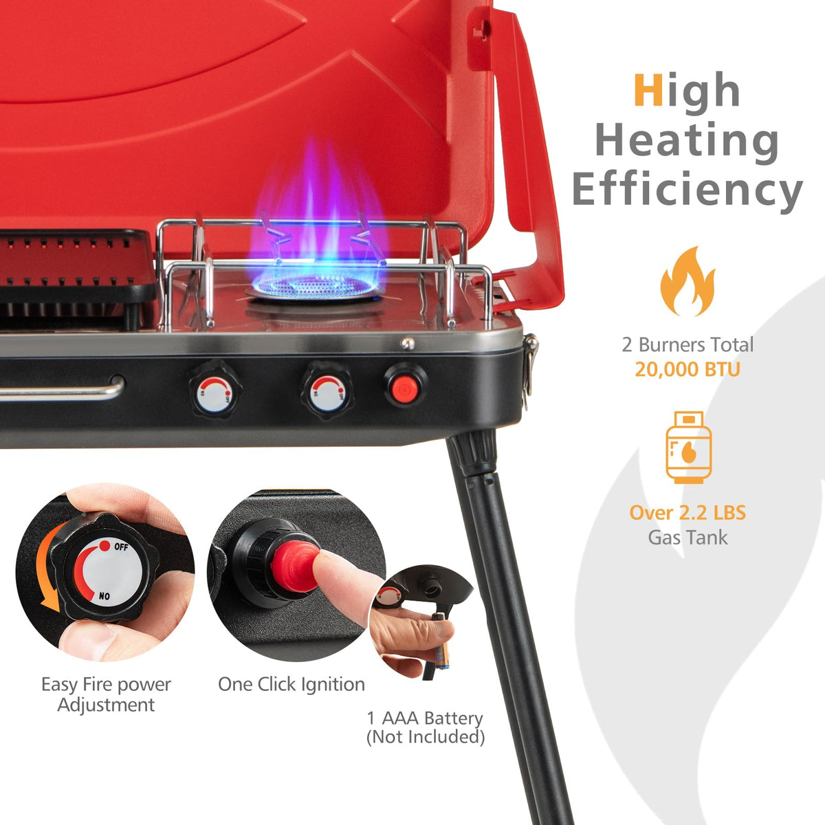 Portable Gas Grill 20000 BTU Camping Stove Burner with 2 Cooking Area Red E12715