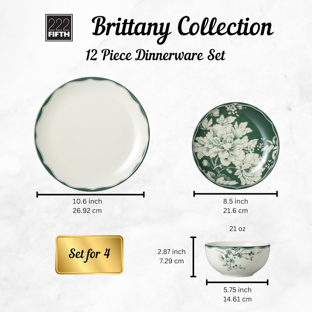 12-Piece Porcelain Dinnerware Set for 4, White & Sage Green Plates and Bowls Set P8416