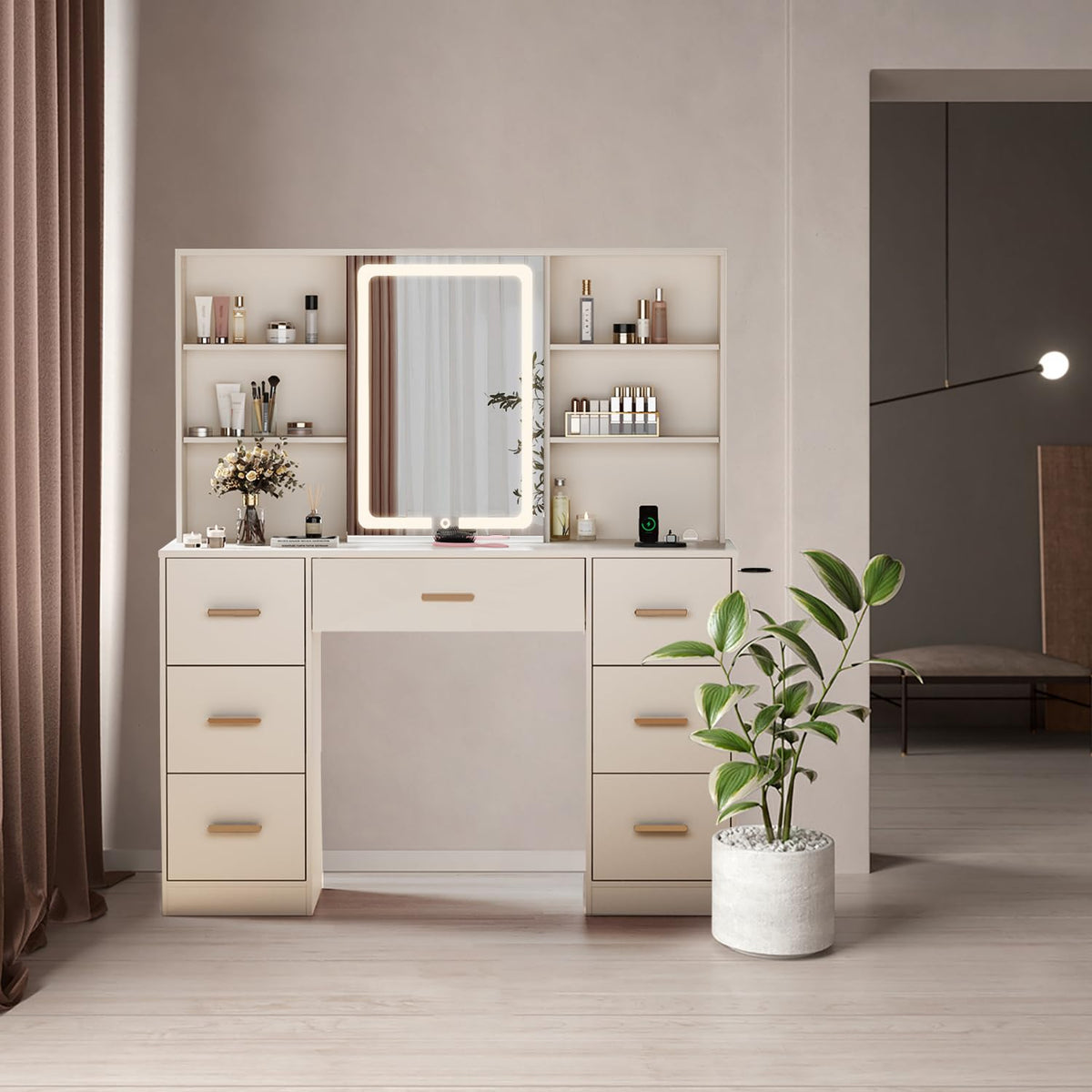 47'' White Vanity Desk with Mirror and Lights, 7 Drawers, 8 Storage Shelves W523
