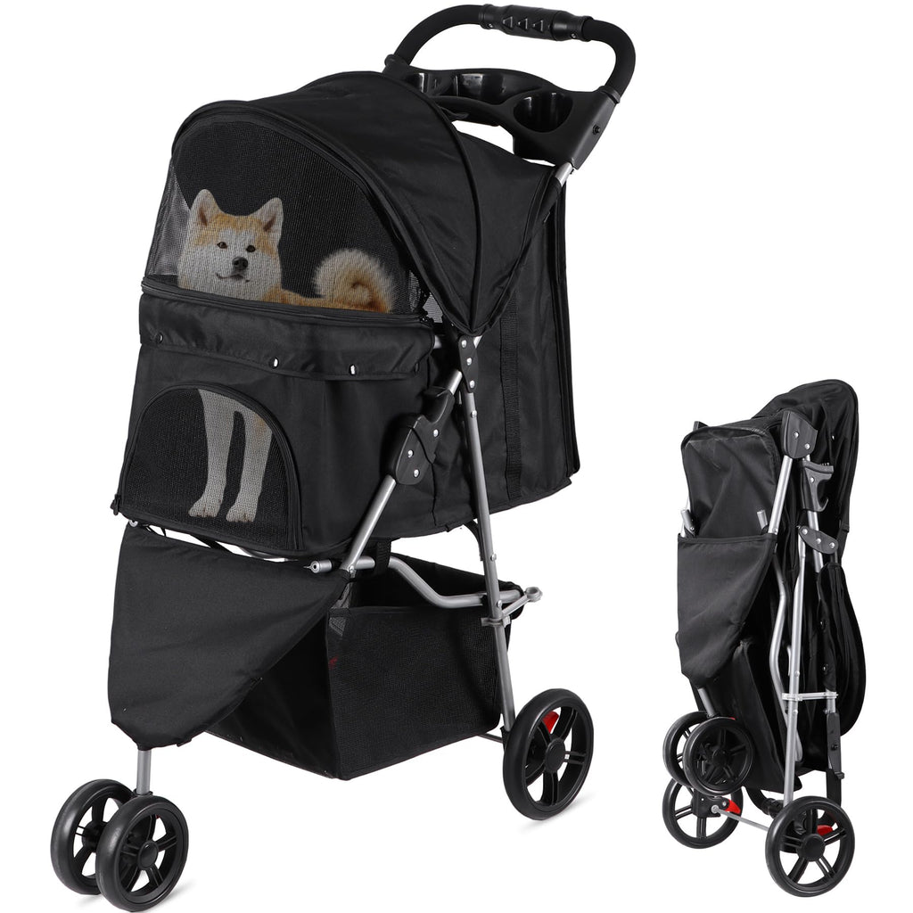Foldable Pet Stroller with Weather Cover, Storage Basket and Cup Holder D19724