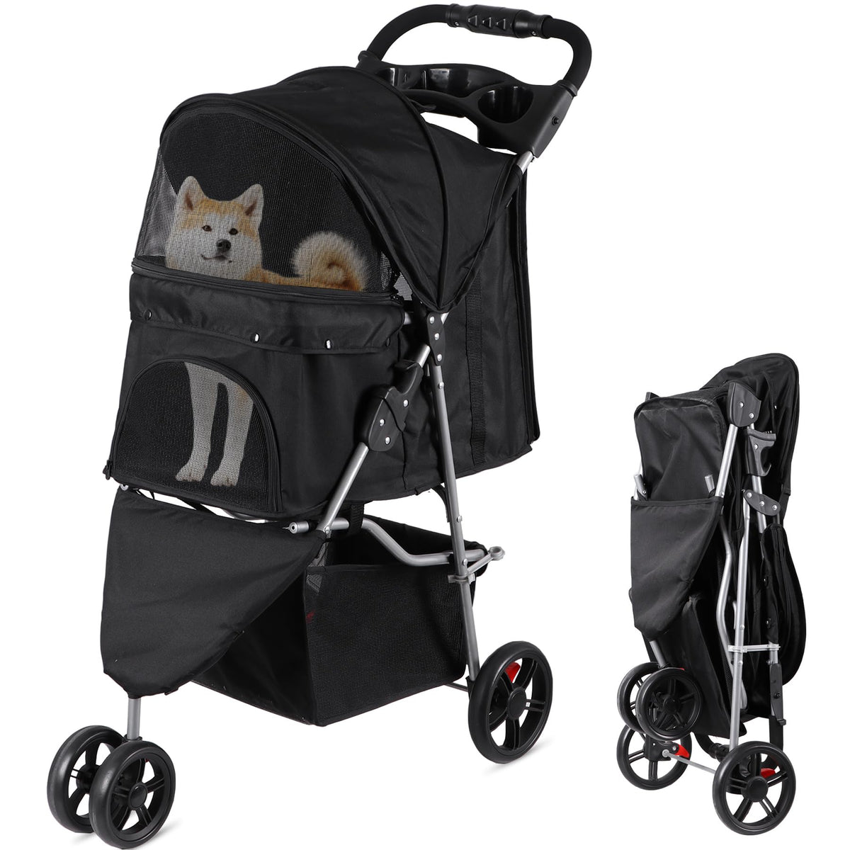 Foldable Pet Stroller with Weather Cover, Storage Basket and Cup Holder D19724