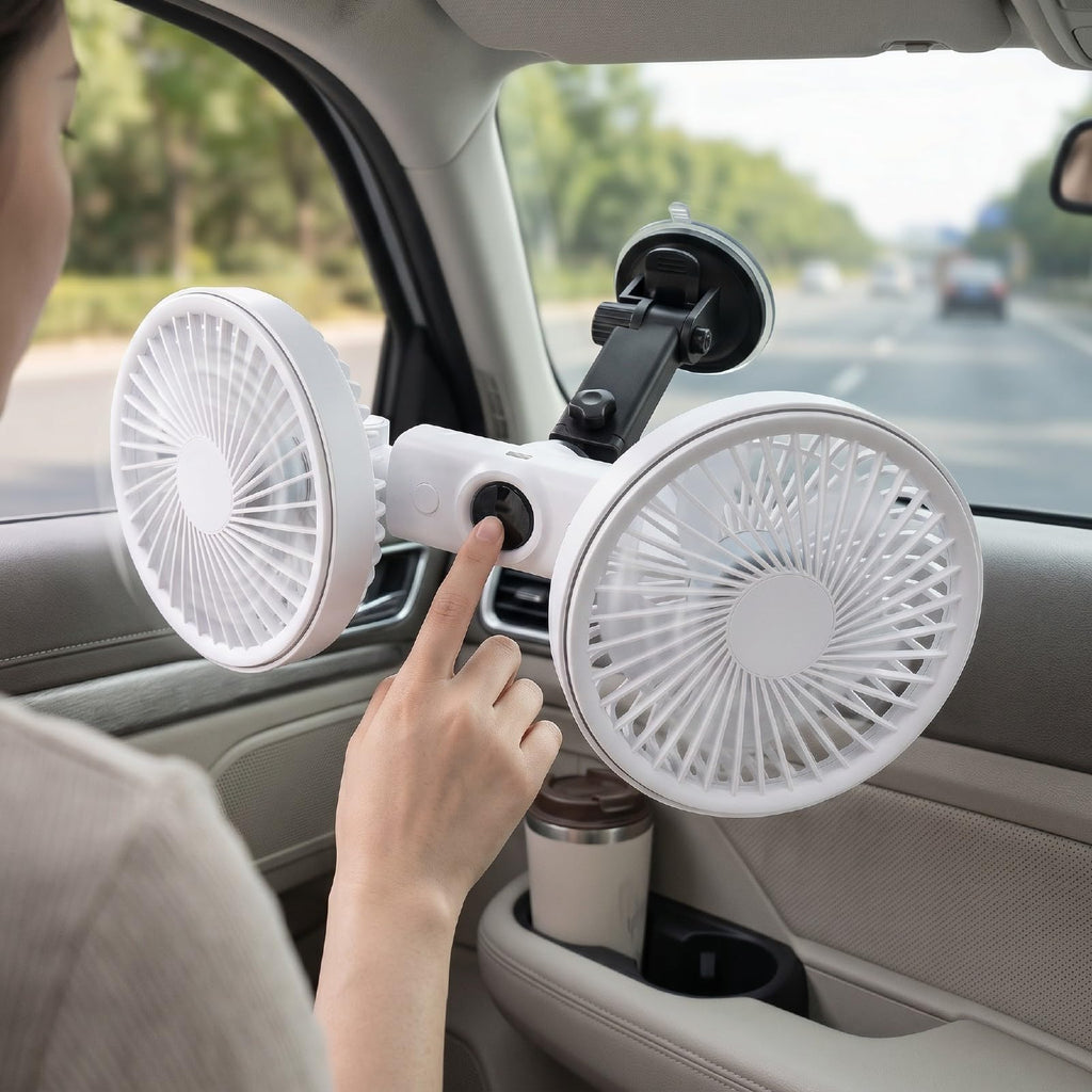 Dual Head Car Fan 3 Speeds 360 Degree Adjustable Suction Cup Rechargeable White J22467