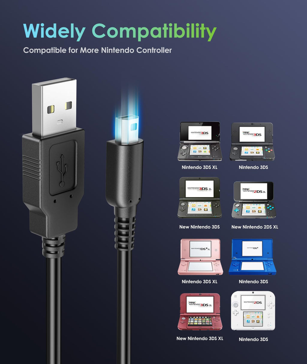 2 Pack 4FT USB Charging Cable for 3DS 2DS DSi Black I4226