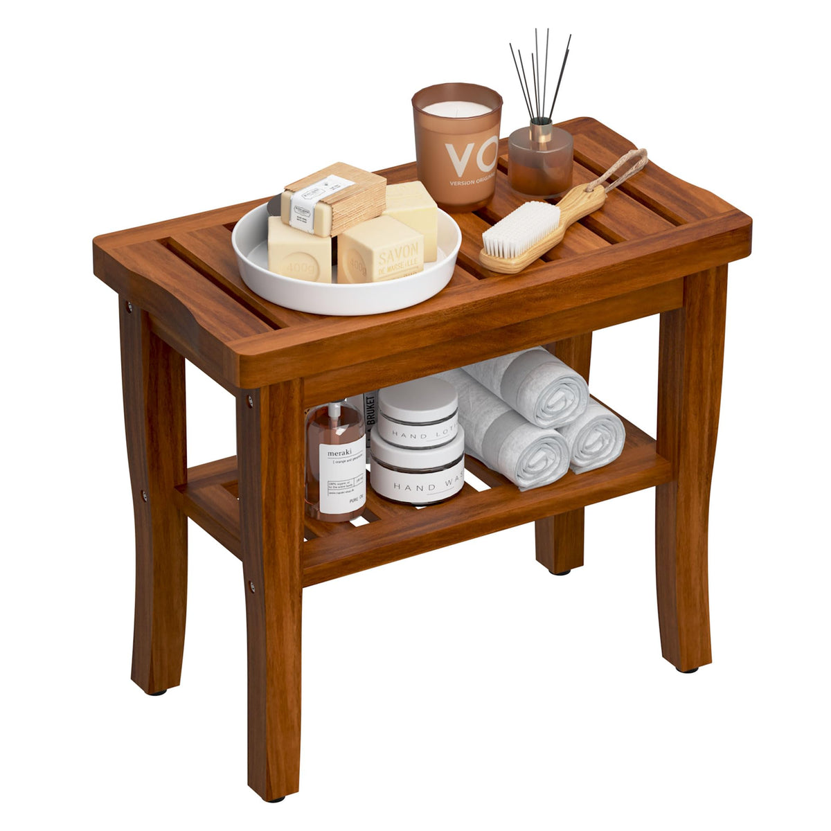 Teak Shower Bench Stool with Storage Shelf O127229