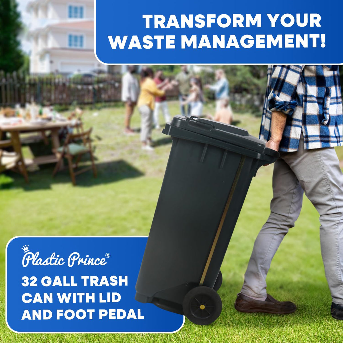 32 Gallon Plastic Trash Can with Wheels and Lid C38612