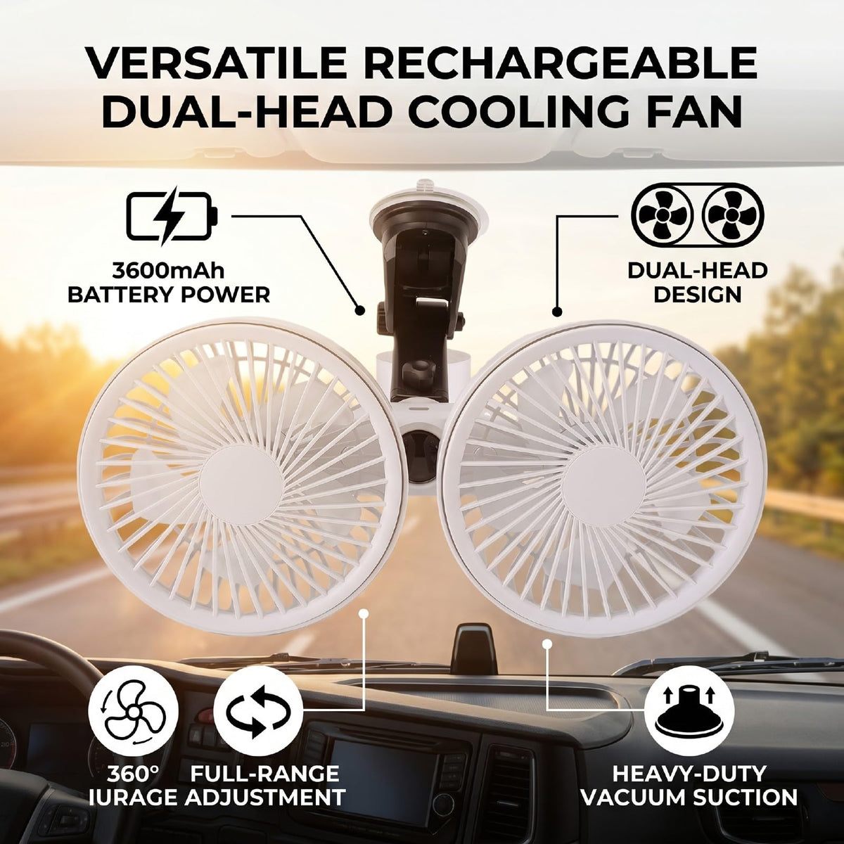 Dual Head Car Fan 3 Speeds 360 Degree Adjustable Suction Cup Rechargeable White J22467