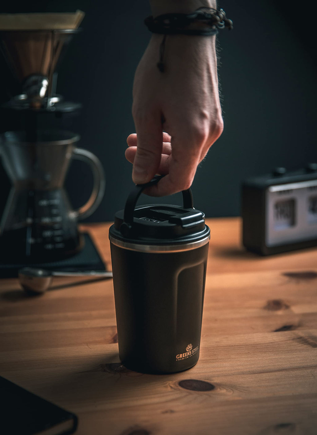 16 oz Black Stainless Steel Insulated Coffee Cup with Lid and Handle D765020