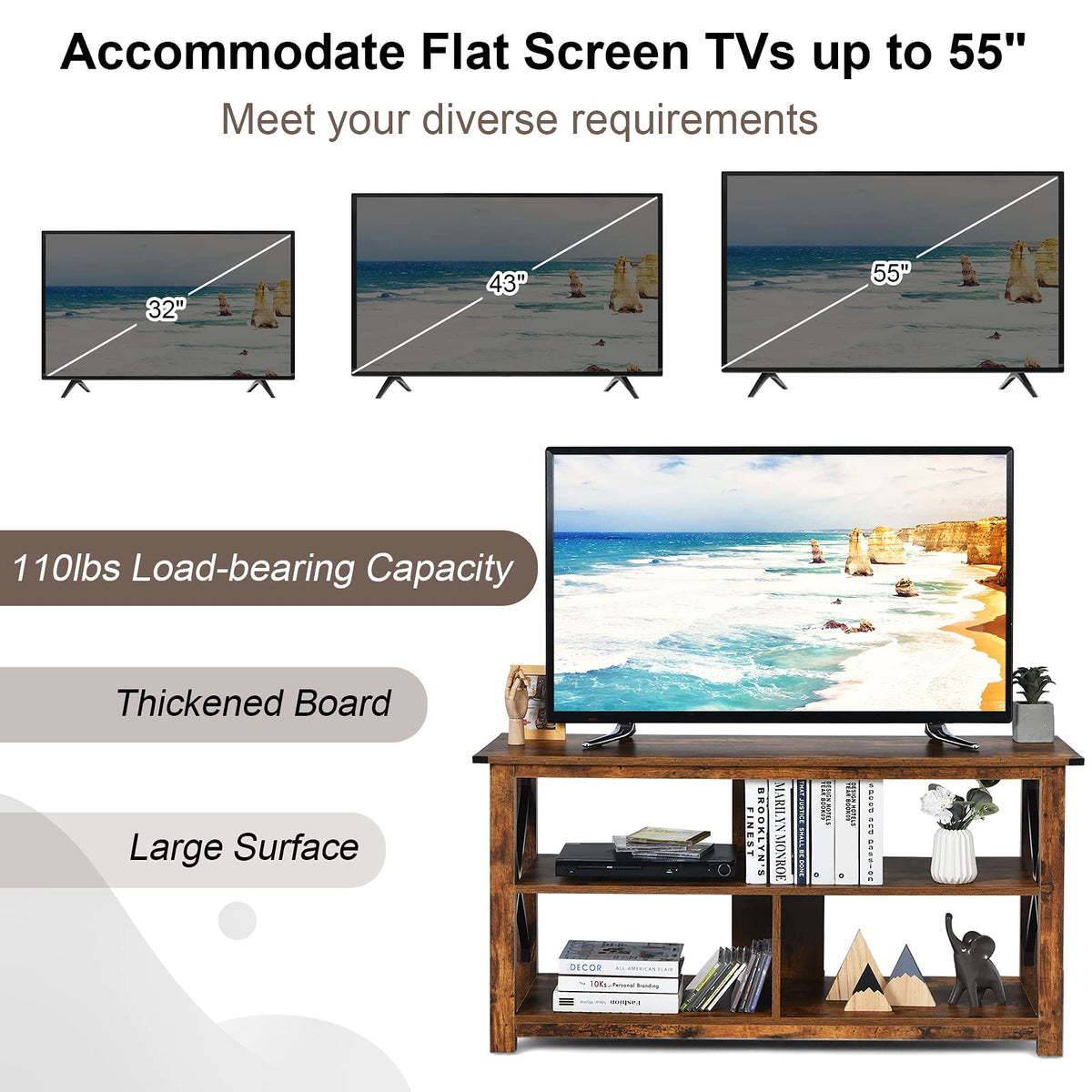 Brown 3 Tier Wood TV Stand with Open Shelves U19936