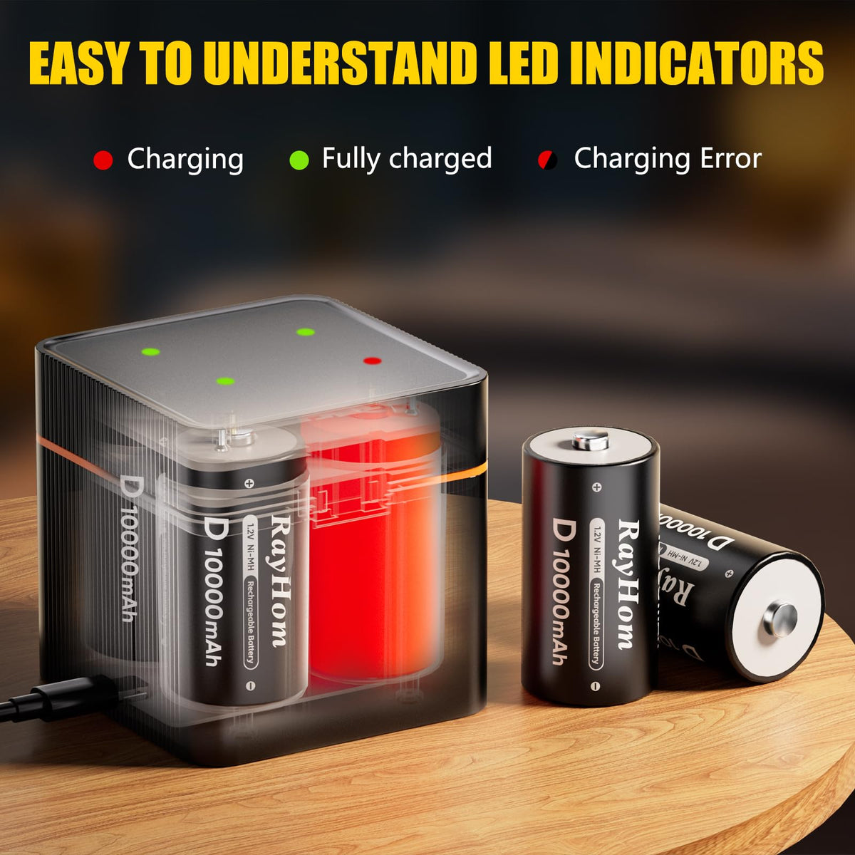4 Pack 10000mAh Rechargeable D NiMH Batteries with 4 Slot Charger V18284