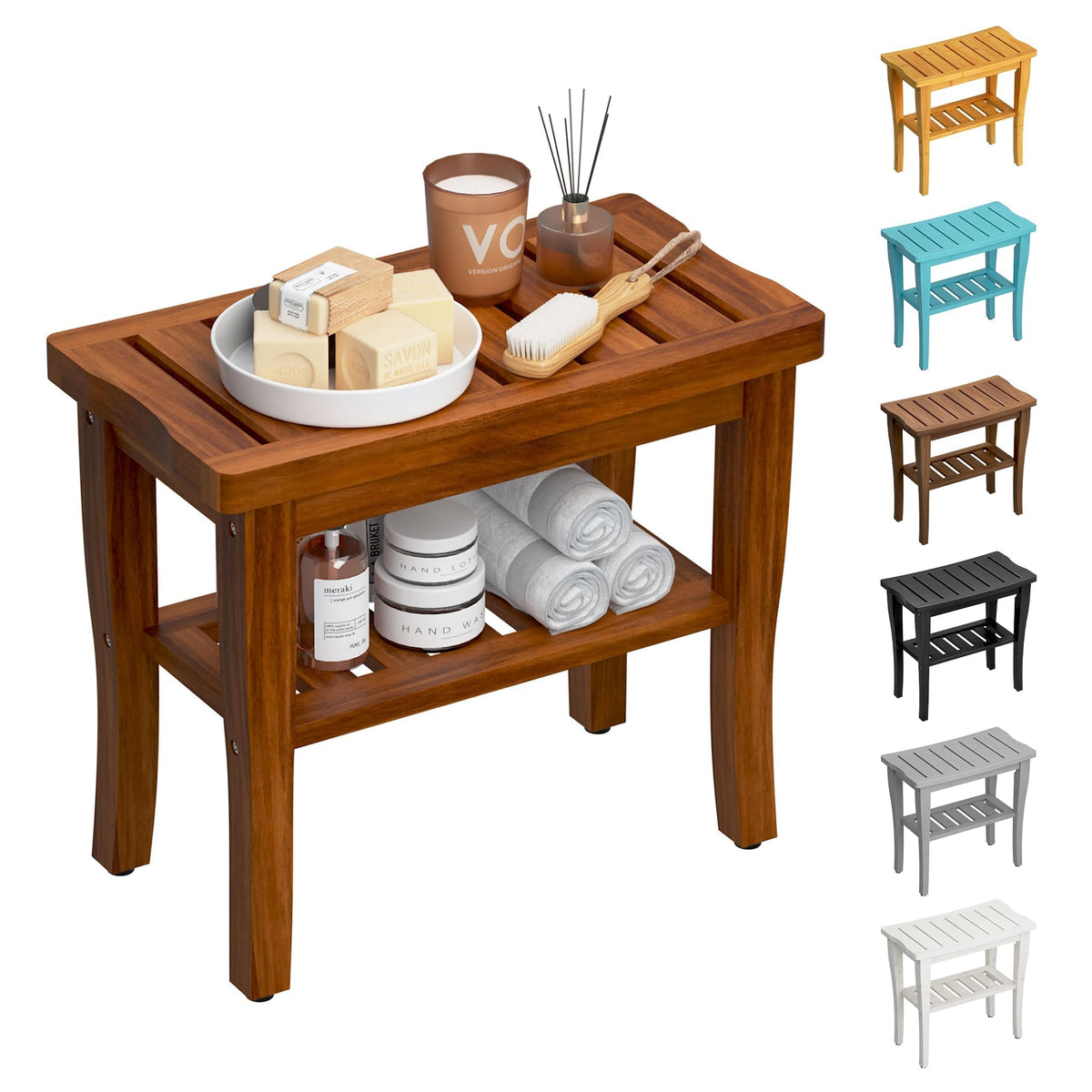 Teak Shower Bench Stool with Storage Shelf O127229