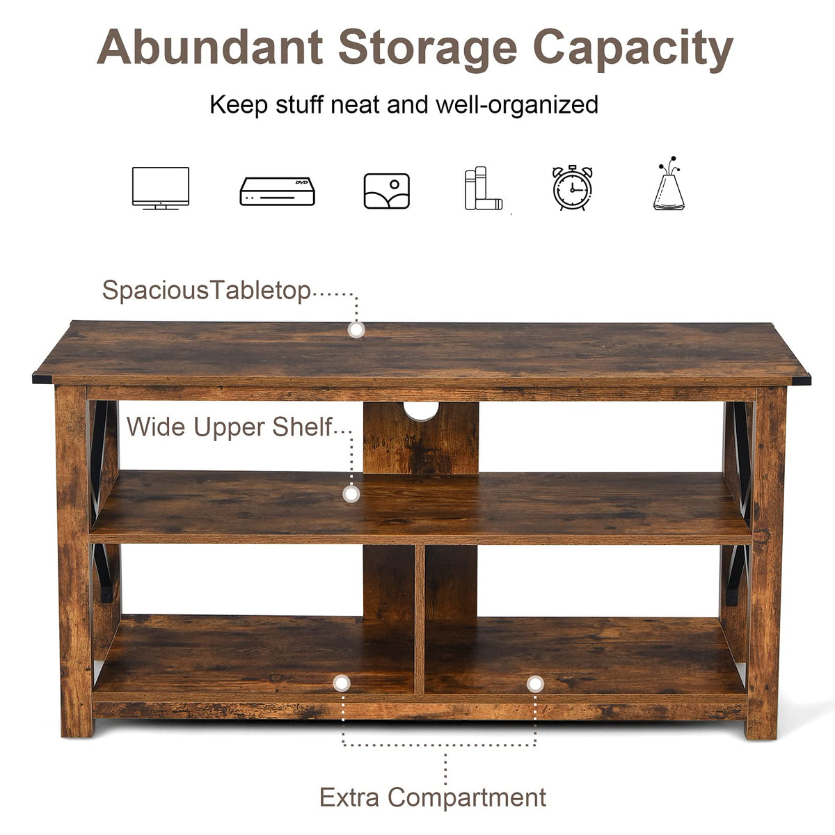 Brown 3 Tier Wood TV Stand with Open Shelves U19936