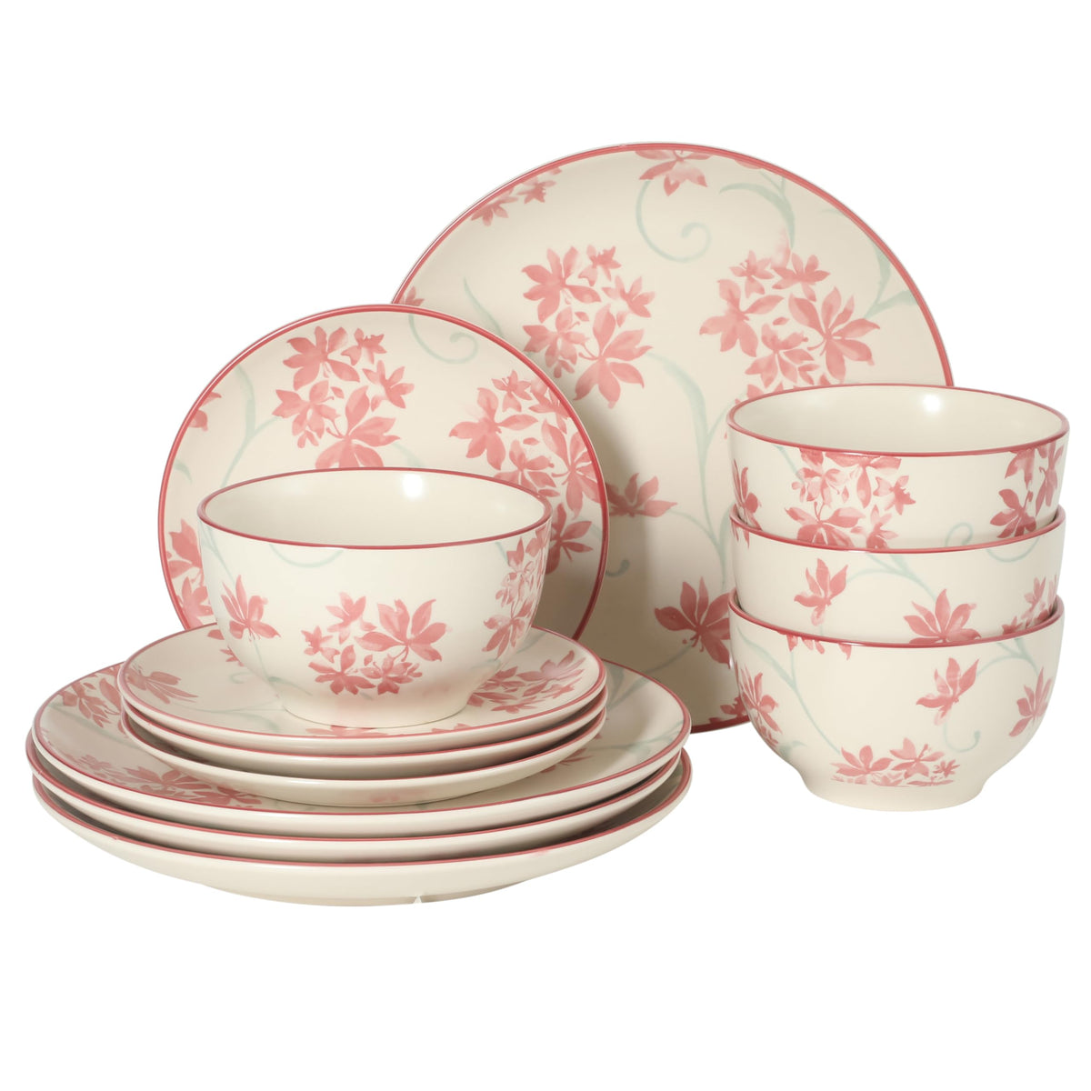 12-Piece Matte Stoneware Dinnerware Set with Pink Floral Pattern X222