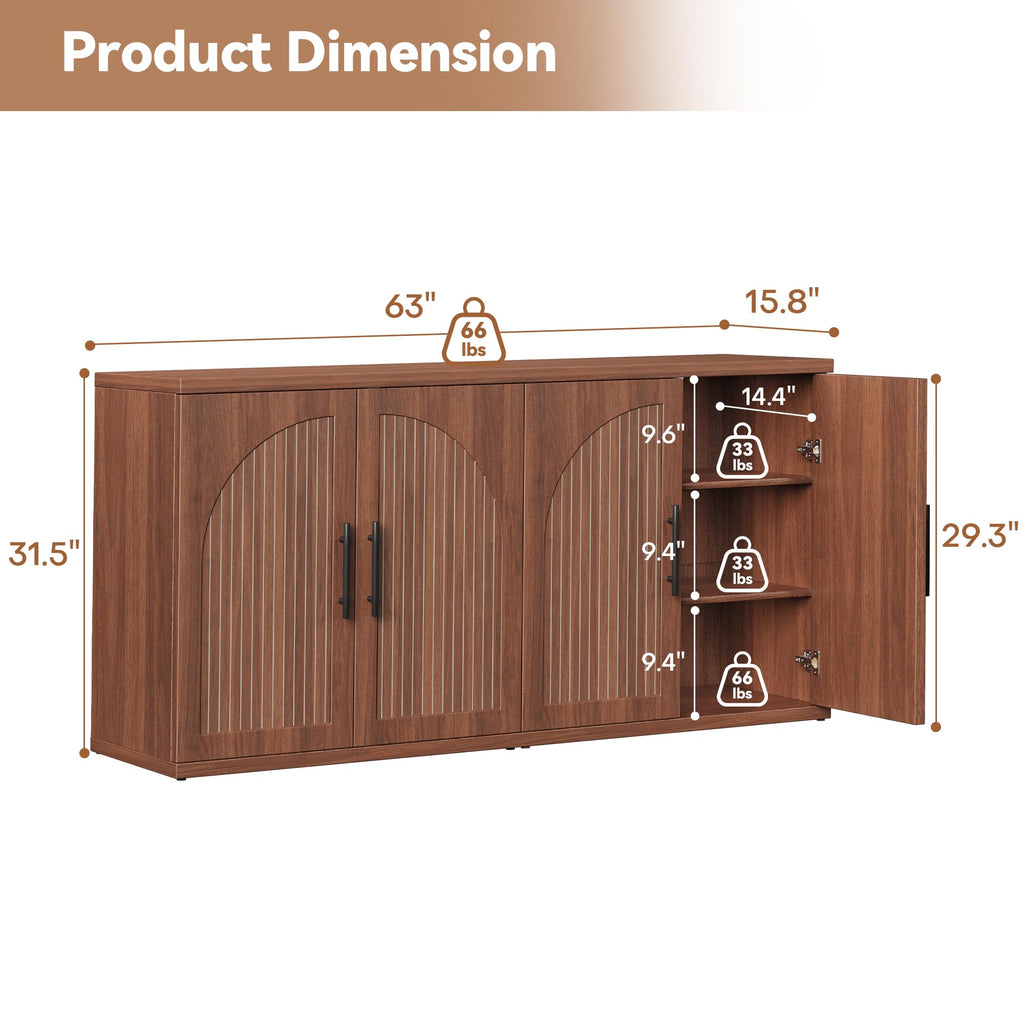 63" Fluted Walnut Credenza with Adjustable Shelf W382