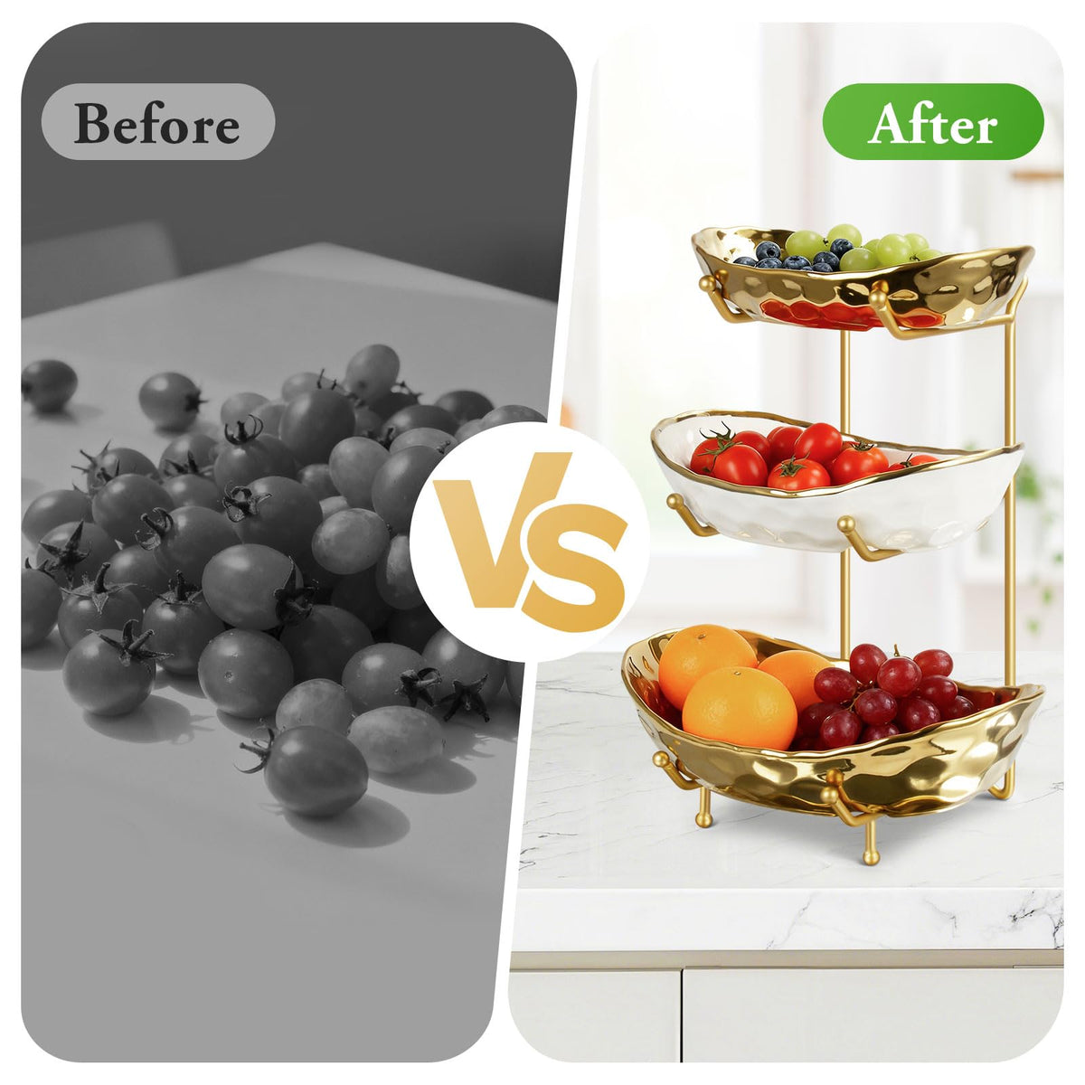 3 Tier Ceramic Fruit Bowl with Metal Stand K42631