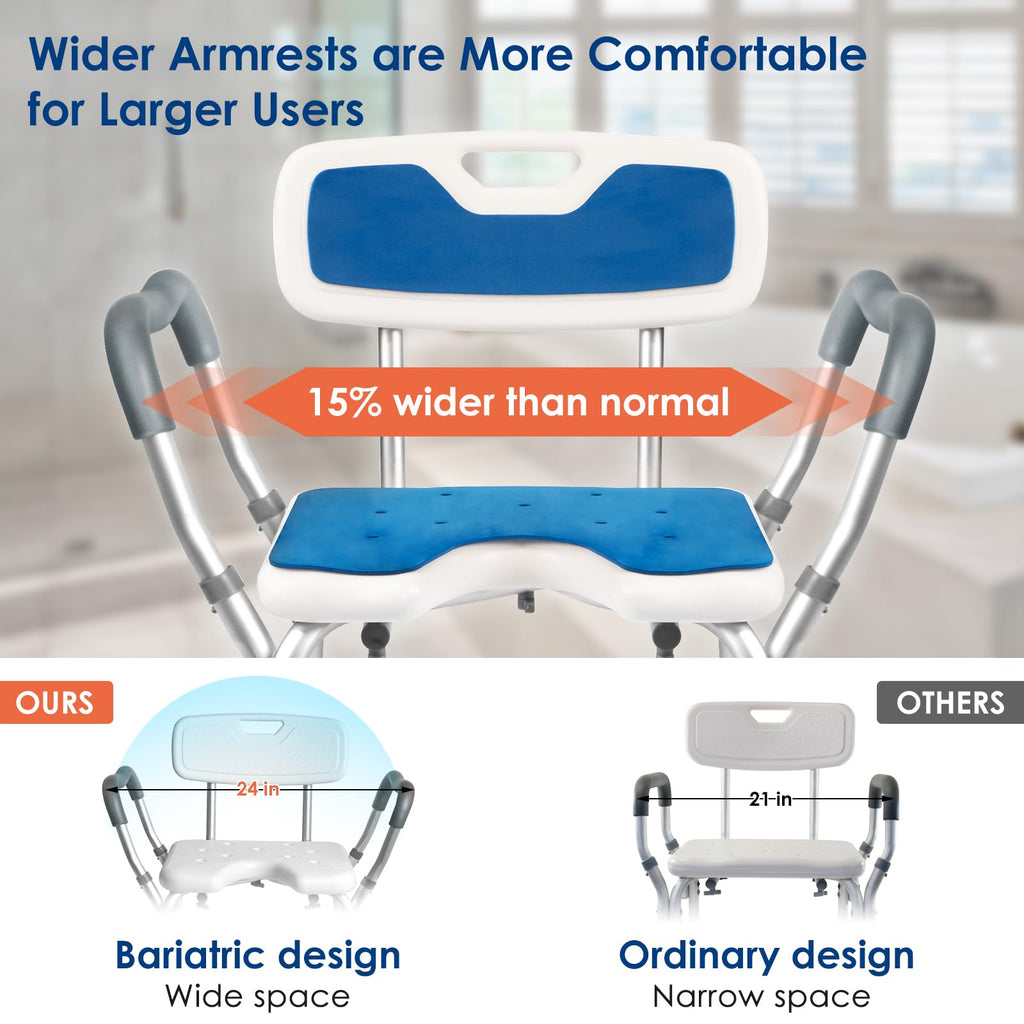Extra Wide Padded Armrests Shower Chair, 500lbs Capacity, Aluminum N160598