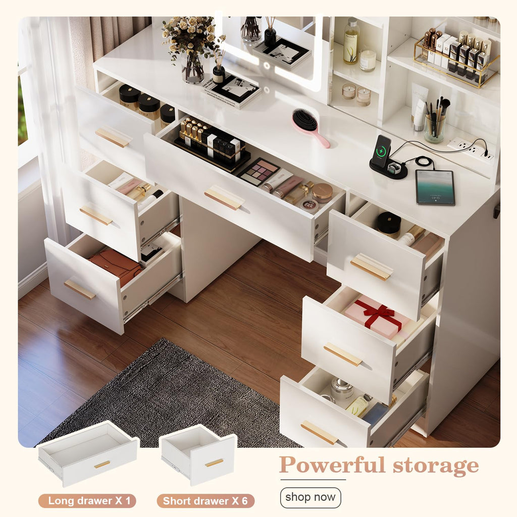 47'' White Vanity Desk with Mirror and Lights, 7 Drawers, 8 Storage Shelves W523