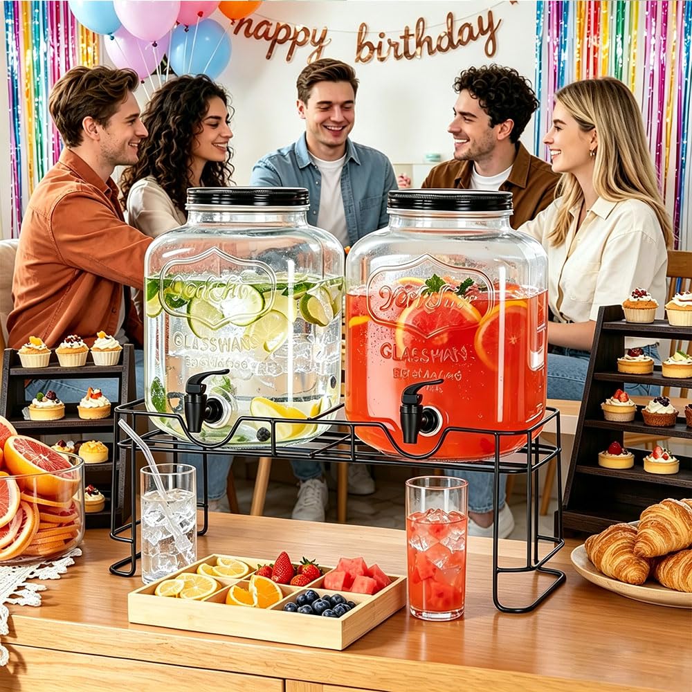2 Pack 1.5 Gallon Glass Beverage Dispenser with Stand O479479