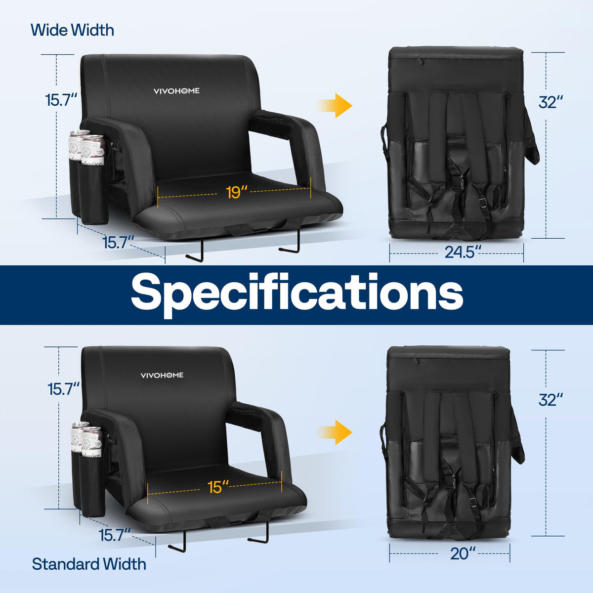 2 Pack Portable Padded Stadium Seats with Back Support and Cup Holder C9494