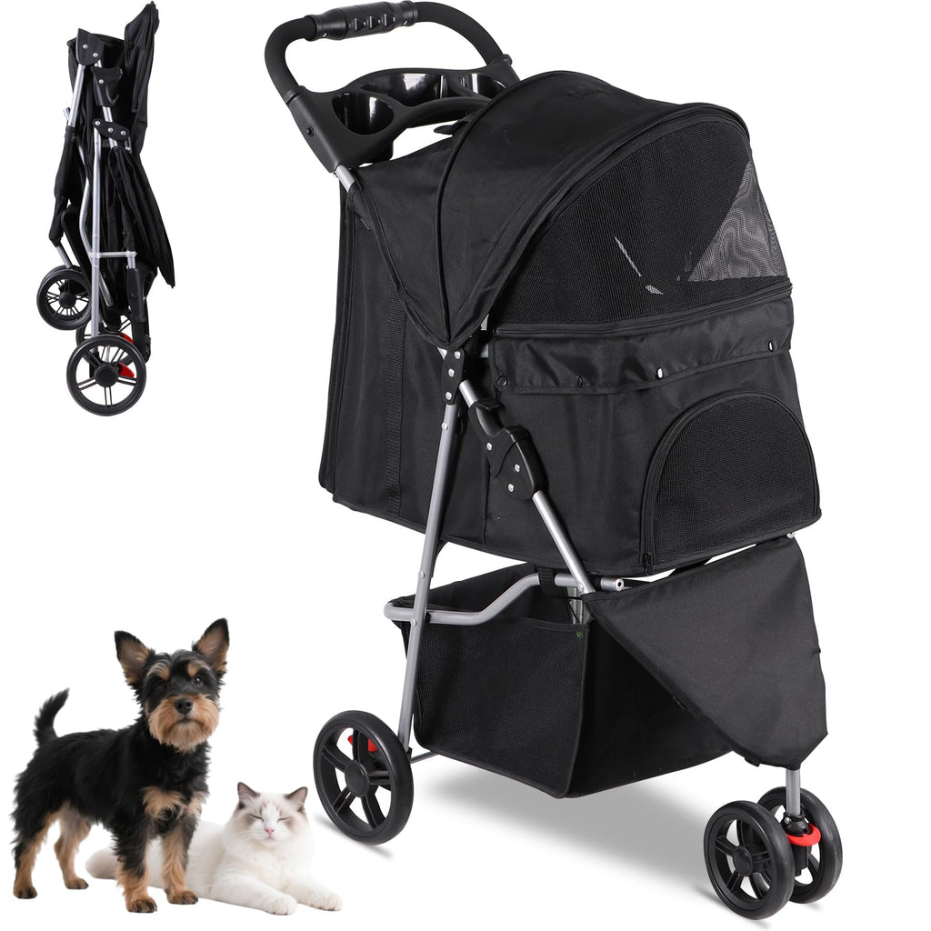 Foldable Pet Stroller with Weather Cover, Storage Basket and Cup Holder D19724